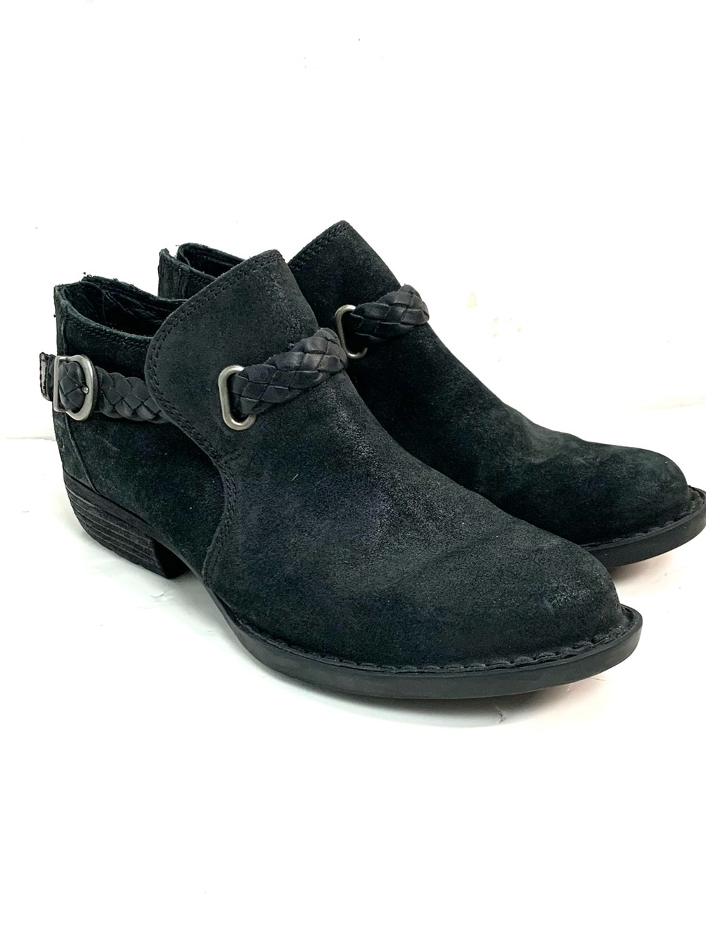 Born Women Size 6 Sylvia Ankle Moto Boots Suede Leather Black Strap Zip Western